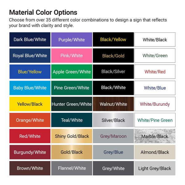 Infographic showing a material color options chart showing over 35 engraved plastic sign color combinations including Black/White, Walnut/White, Blue/Yellow, and more.