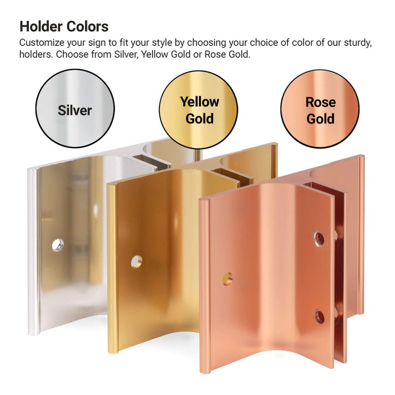Infographic showing holder color options, shown in Silver, Yellow Gold, and Rose Gold finishes.