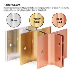 Infographic showing holder color options, shown in Silver, Yellow Gold, and Rose Gold finishes.