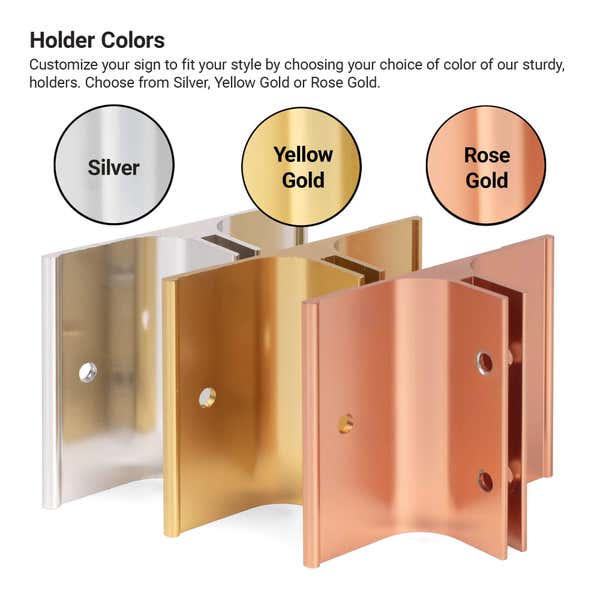 Infographic showing sign holder color options in Silver, Yellow Gold, and Rose Gold.