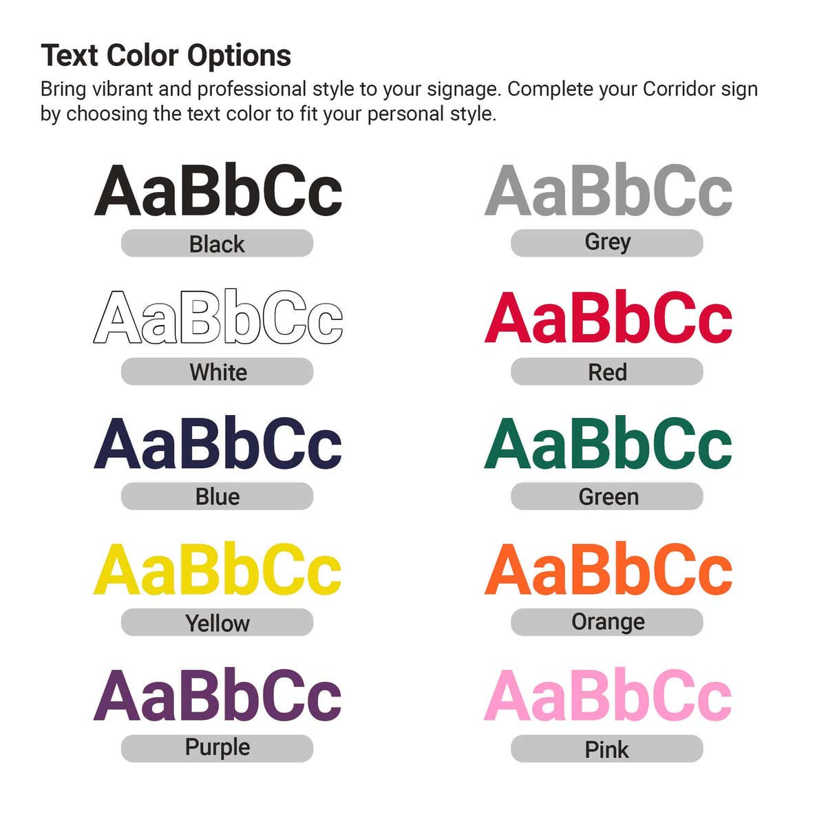 Infographic showing Engraved sign text color options showing black, white, blue, yellow, purple, grey, red, green, orange, and pink.