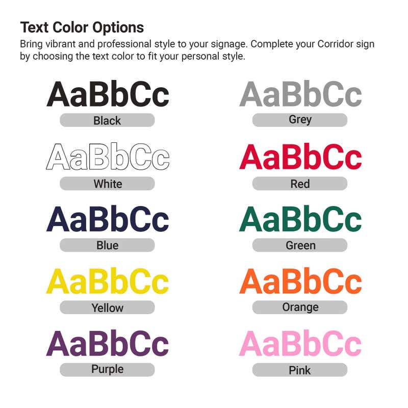 Infographic showing Engraved sign text color options showing black, white, blue, yellow, purple, grey, red, green, orange, and pink.