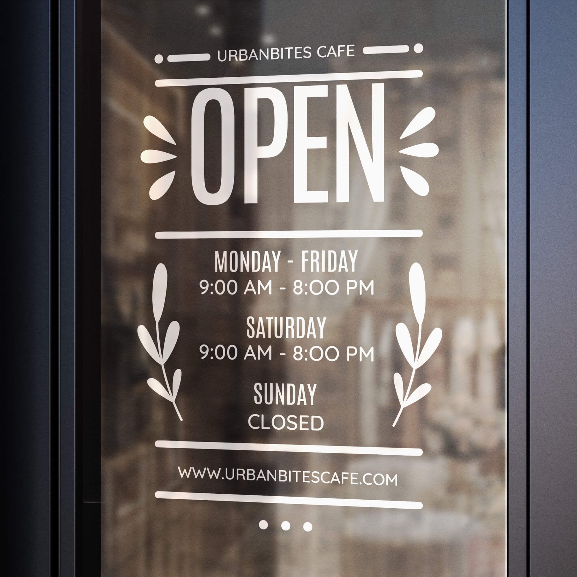 A window decal with store hours for a cafe