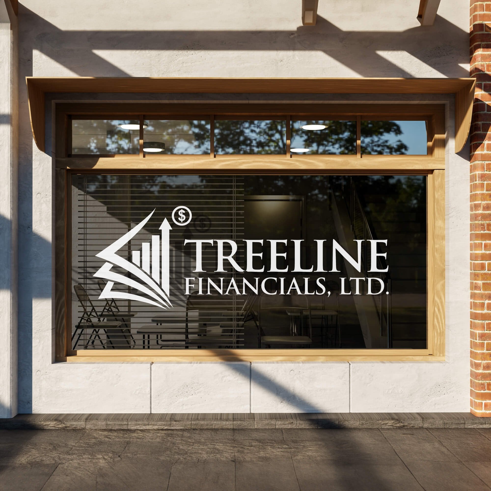 A large vinyl lettering decal on a window for a financial company