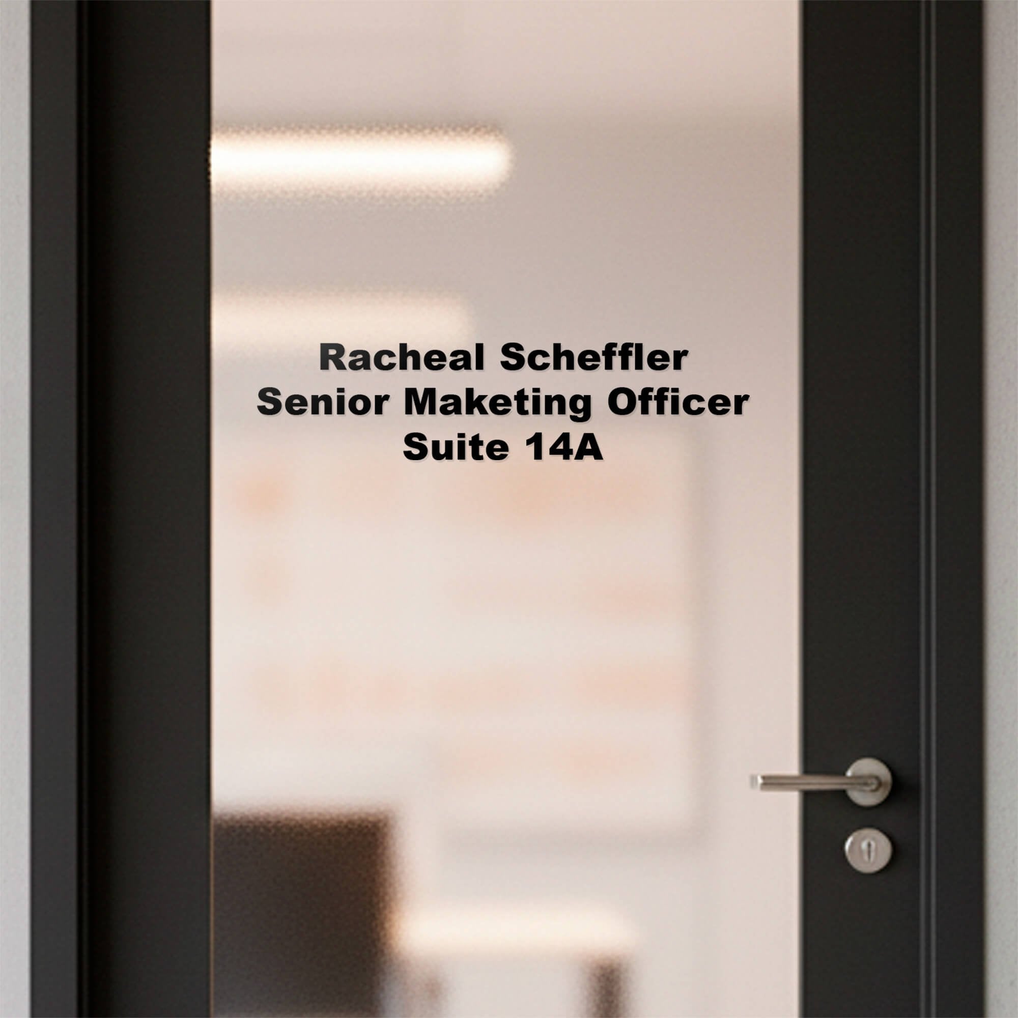 A vinyl decal for an office door with the name and title
