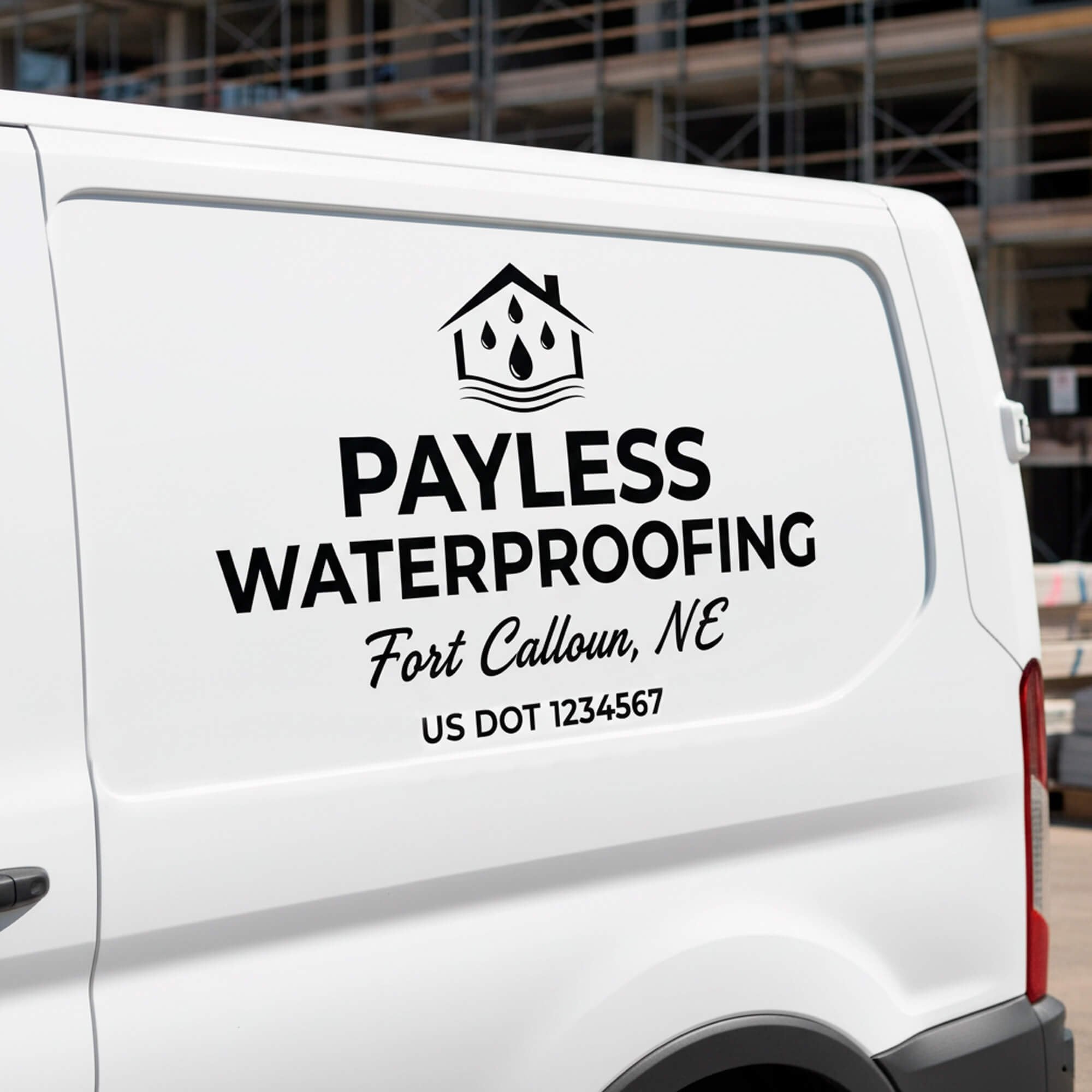 A vinyl decal on a white van for a waterproofing company
