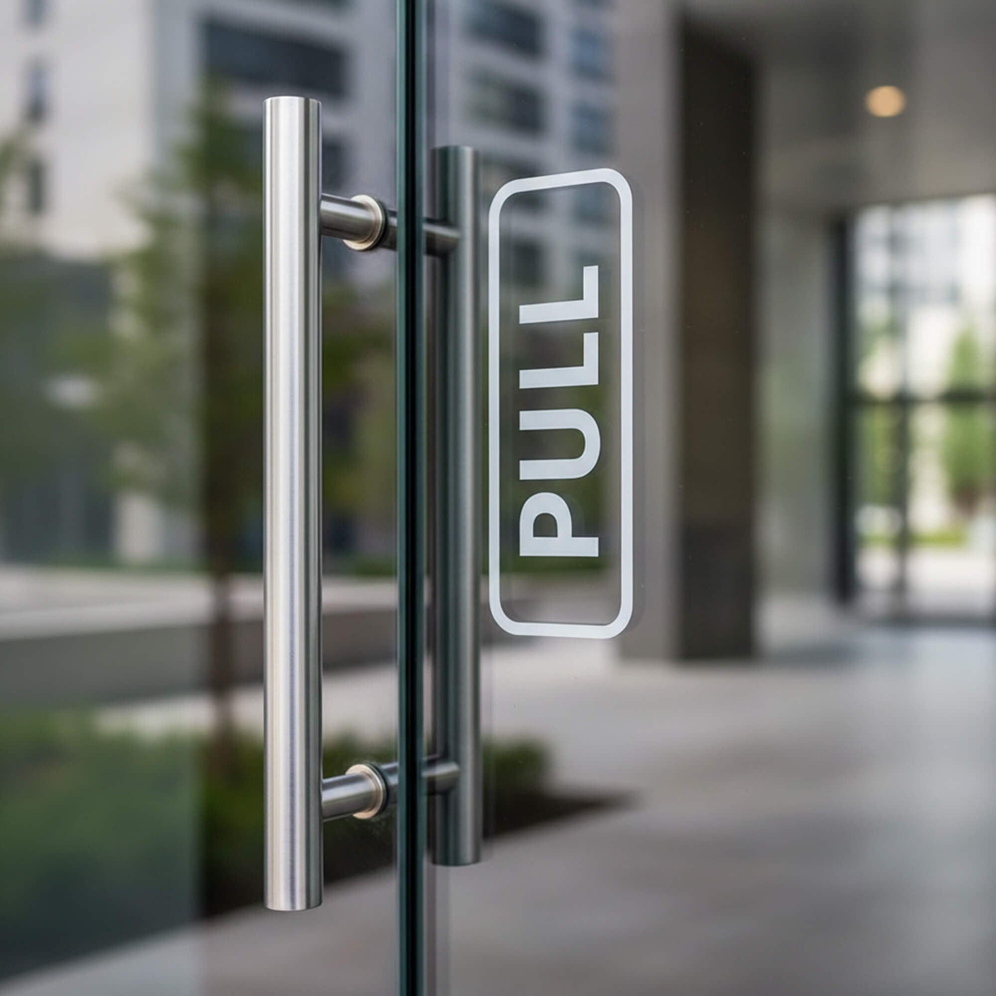 A small die-cut decal on a door next to the handle that says PULL