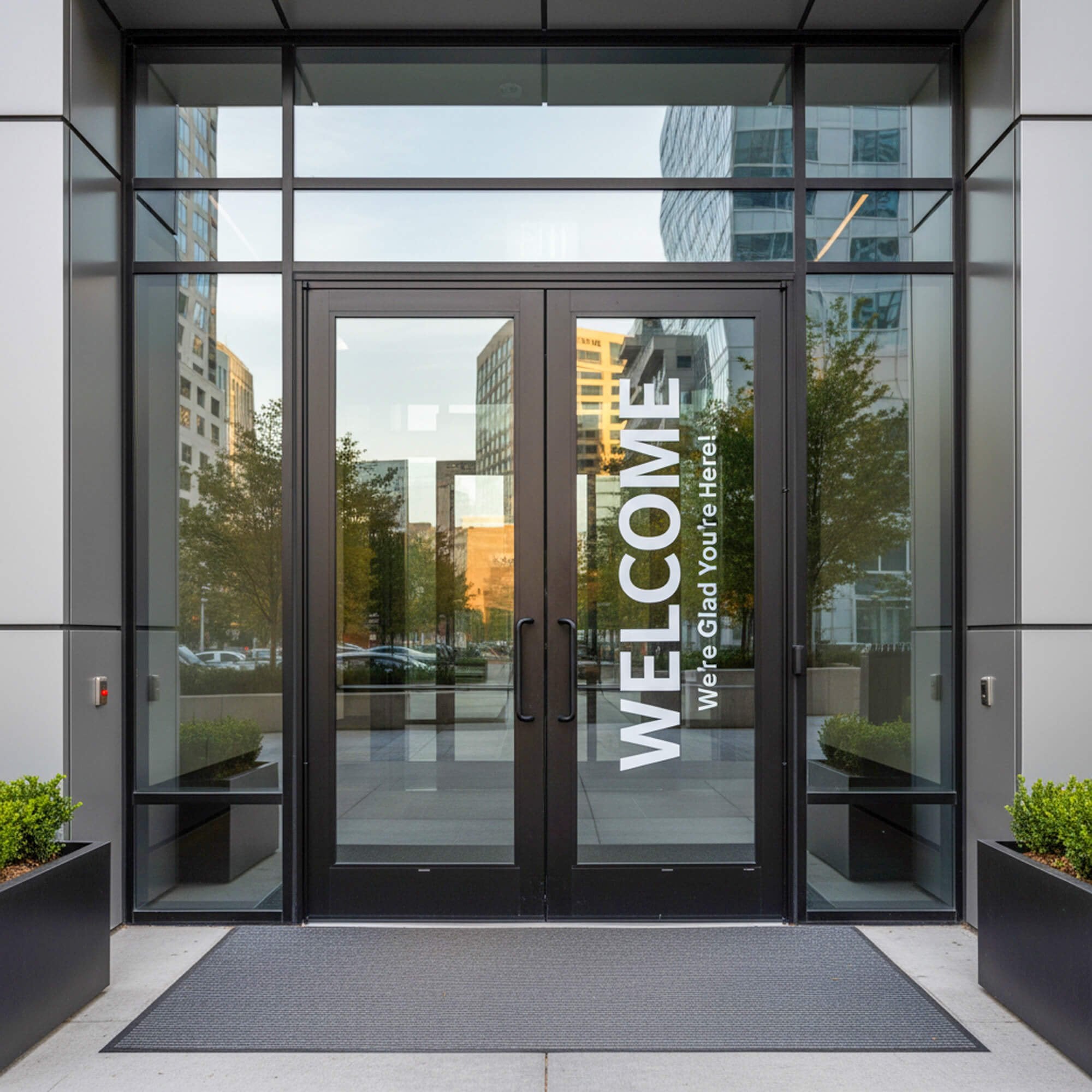 A large vinyl decal on an entrance door 