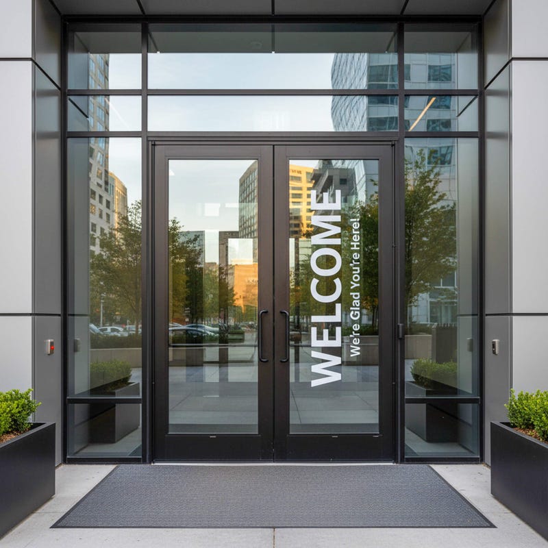 A large vinyl decal on an entrance door 