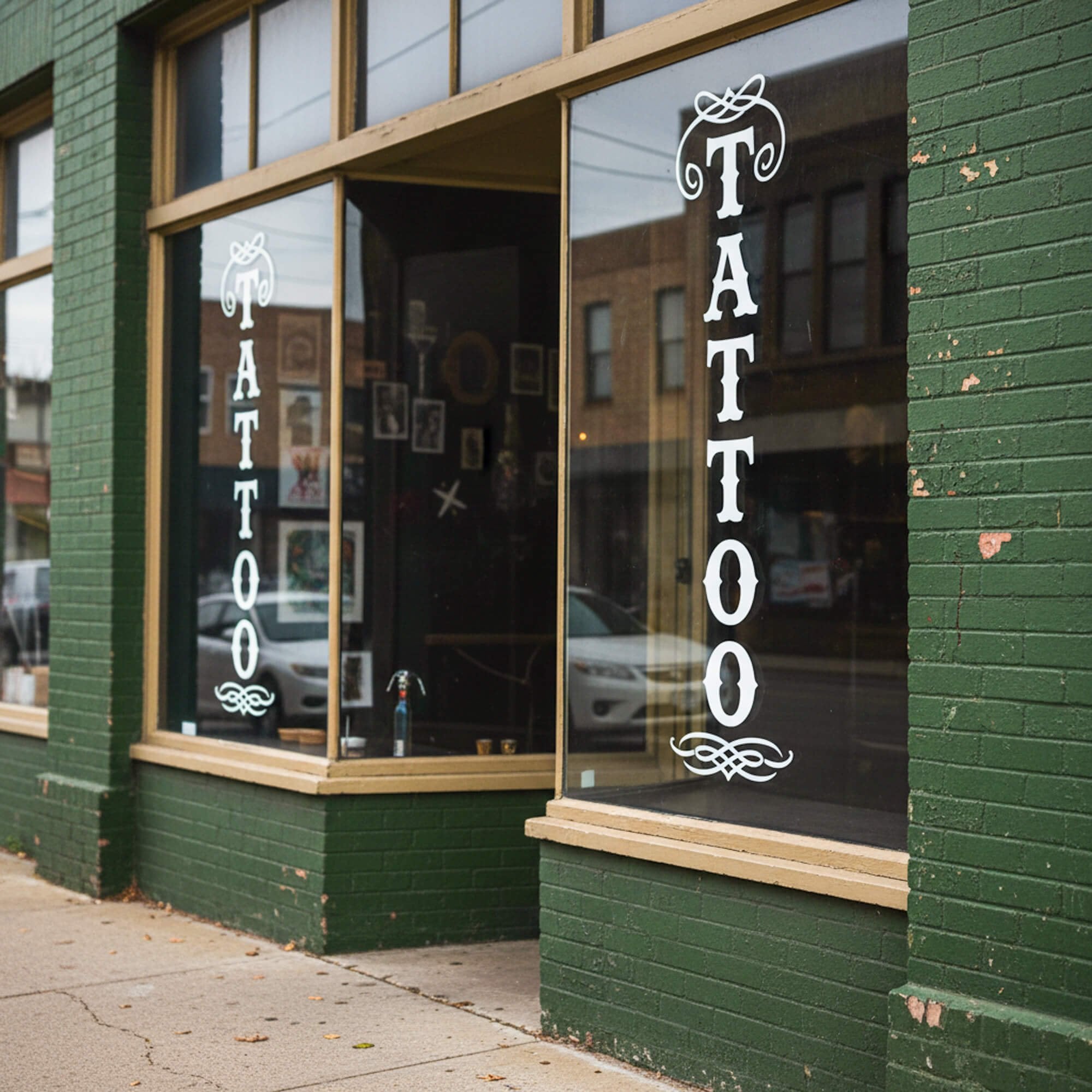 Two large white die-cut decals on a tattoo shop's windows