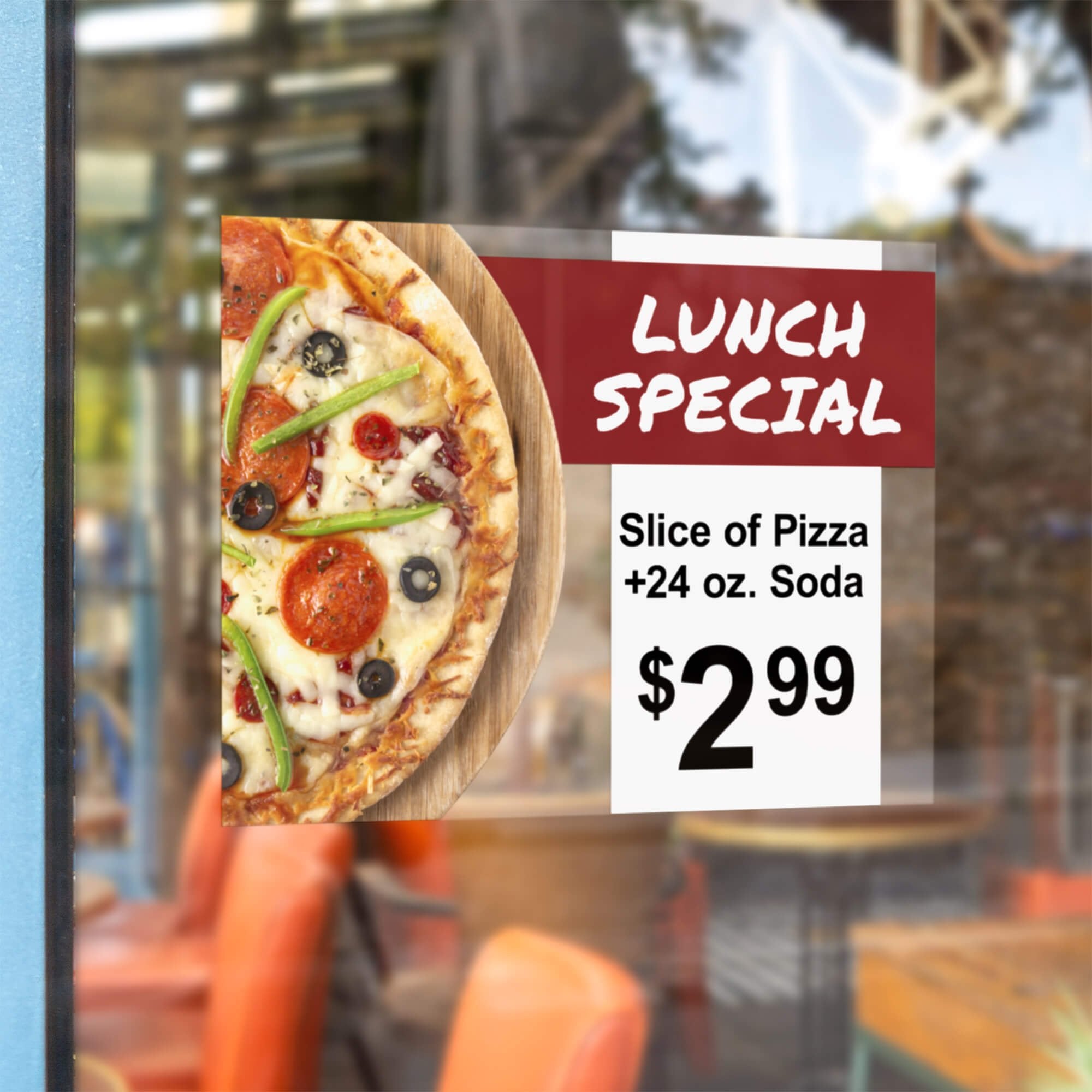 A window cling for a lunch special at a pizza place