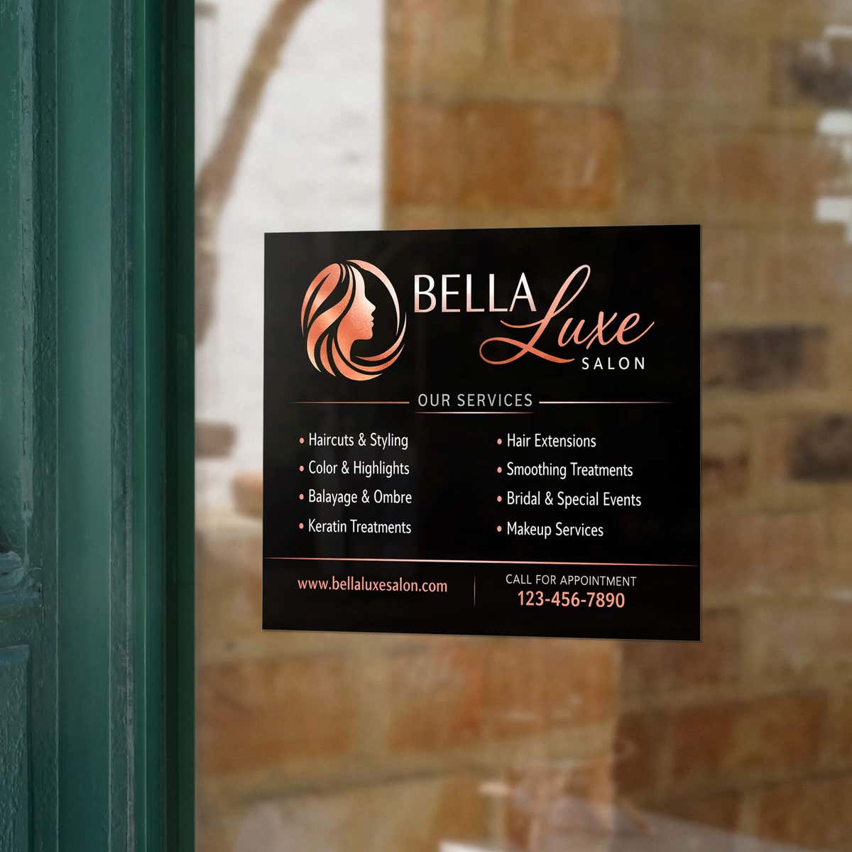An opaque window cling with available services for a hair salon