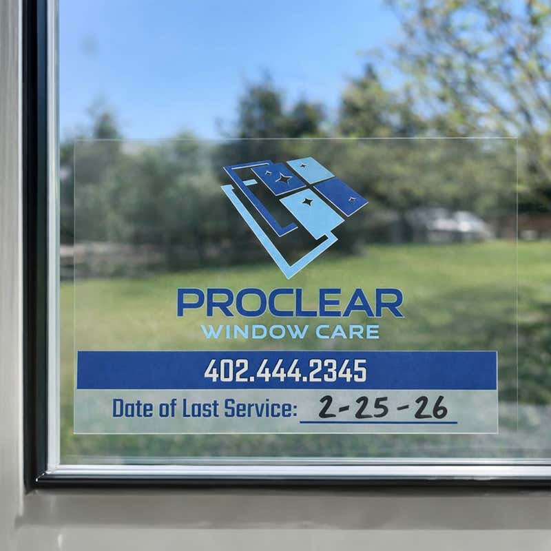 A clear window cling for a window cleaning service