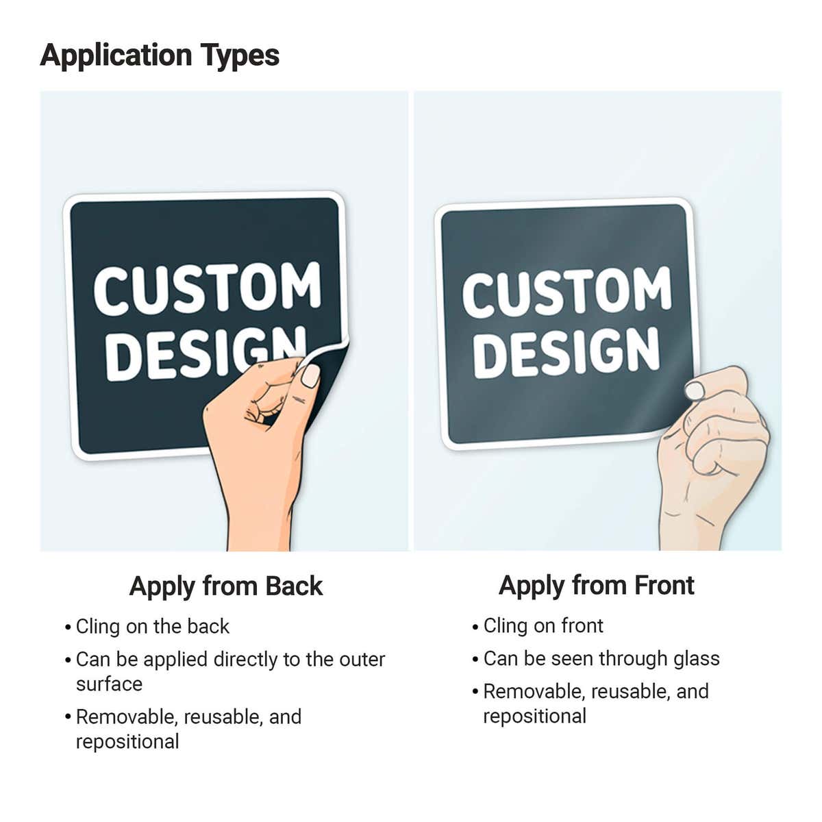 The application types for window clings either apply from the front or apply from the back