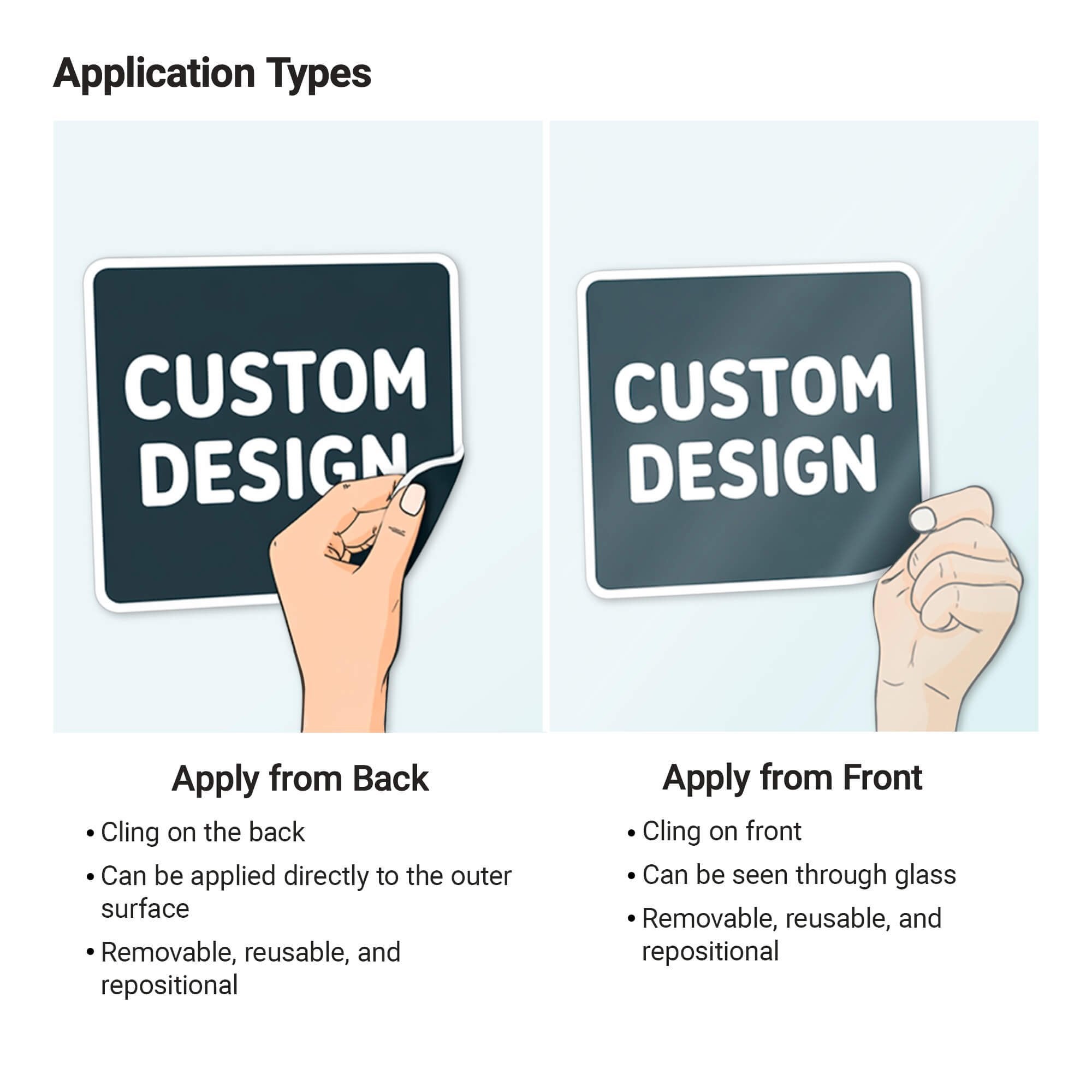 The application types for window clings either apply from the front or apply from the back
