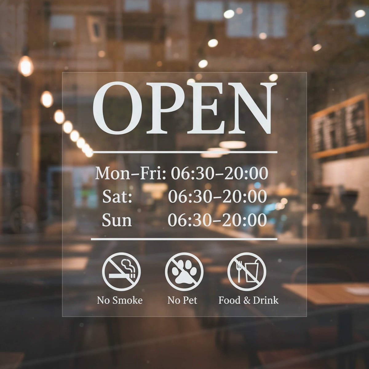 A static window cling on the storefront window for the open hours and additional rules