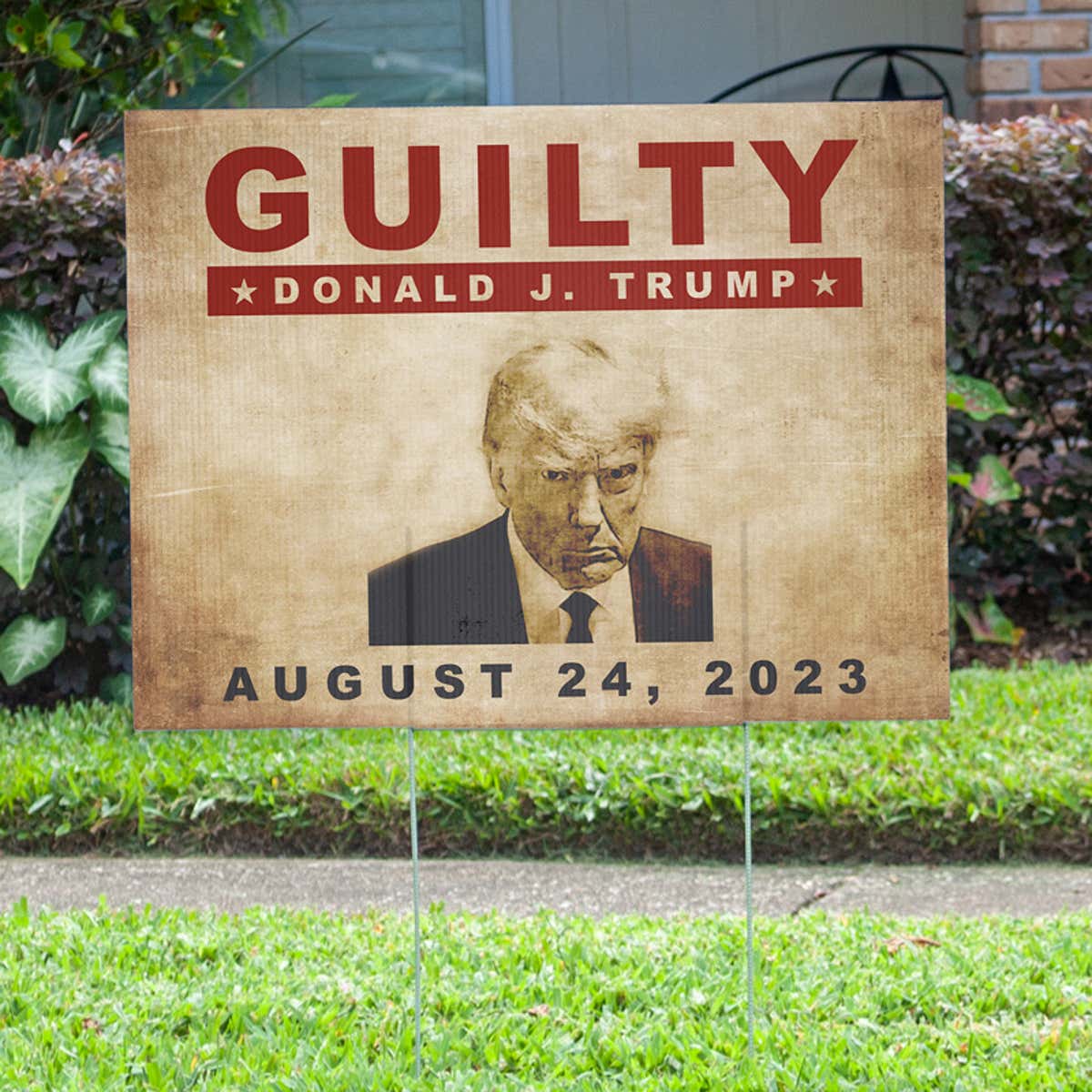 Trump Mug Shot Yard Sign Next to Pavement