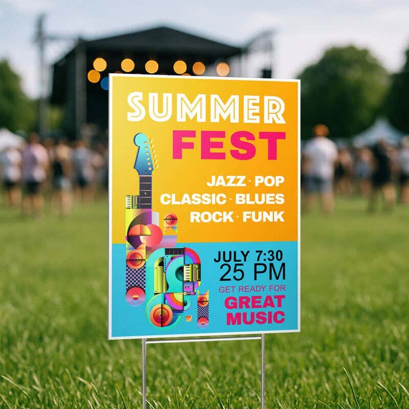 A vertical yard sign for a festival 