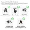 The features of compliant ADA signs include tactile text, Braille, high-contrast colors, pictograms, and uppercase letters