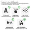 The features of compliant ADA signs include tactile text, Braille, high-contrast colors, pictograms, and uppercase letters