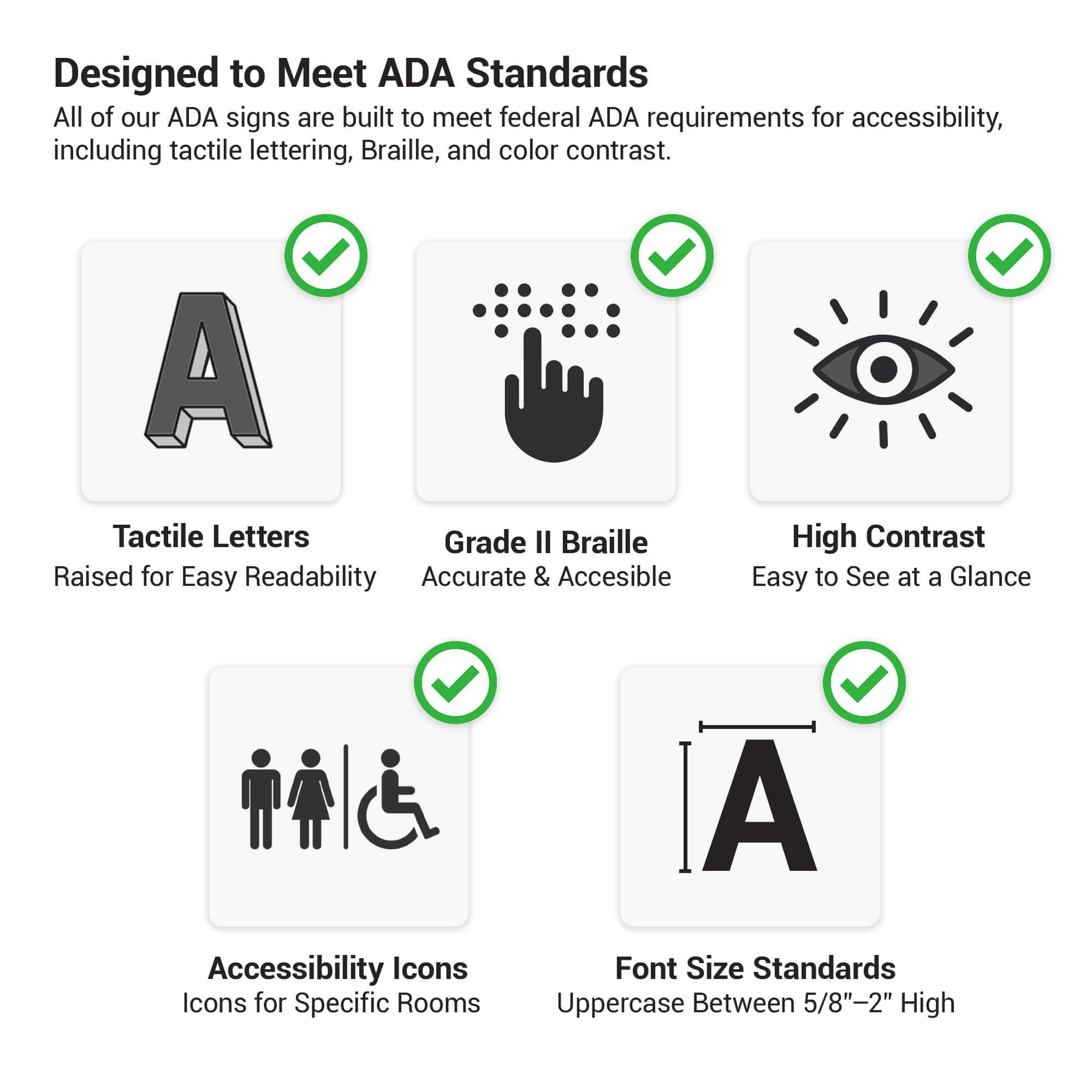 The features of compliant ADA signs include tactile text, Braille, high-contrast colors, pictograms, and uppercase letters The features of compliant ADA signs include tactile text, Braille, high-contrast colors, pictograms, and uppercase letters