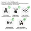 The features of compliant ADA signs include tactile text, Braille, high-contrast colors, pictograms, and uppercase letters