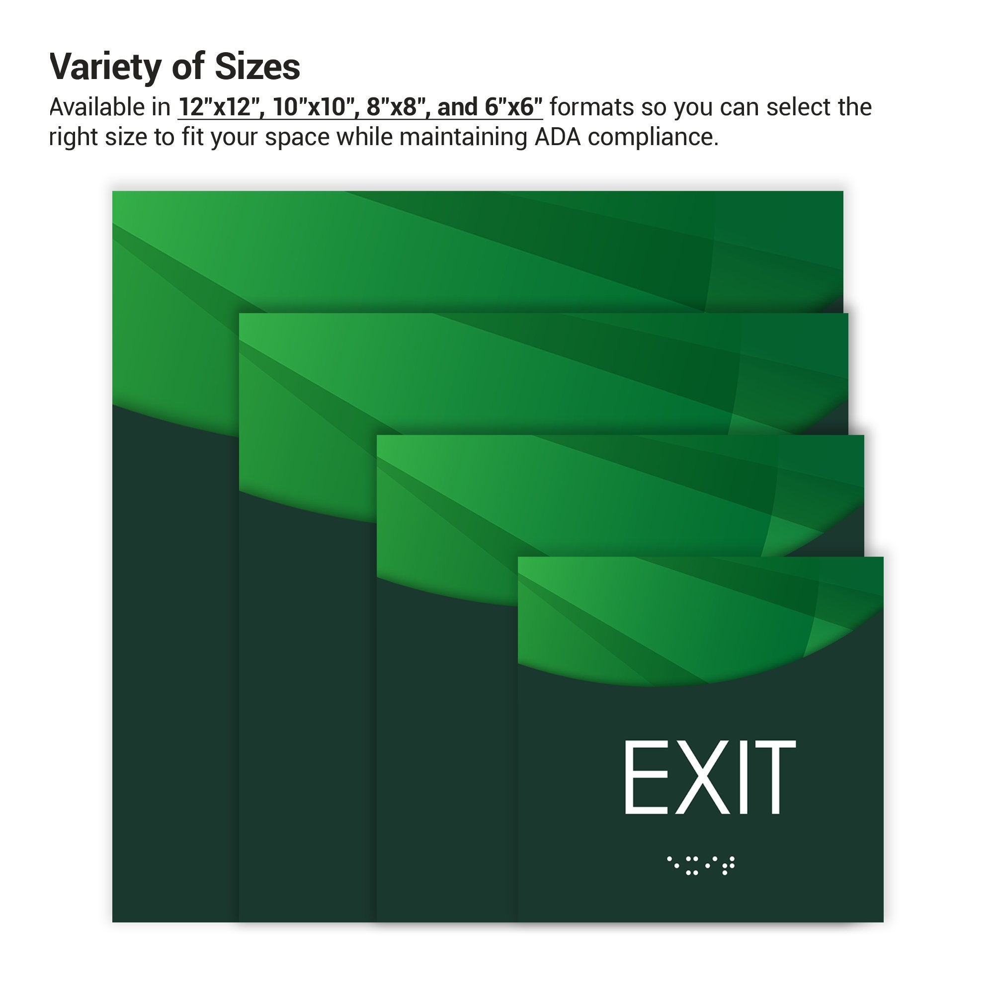 The four different square 2-layered ADA sign sizes next to each other The four different square 2-layered ADA sign sizes next to each other