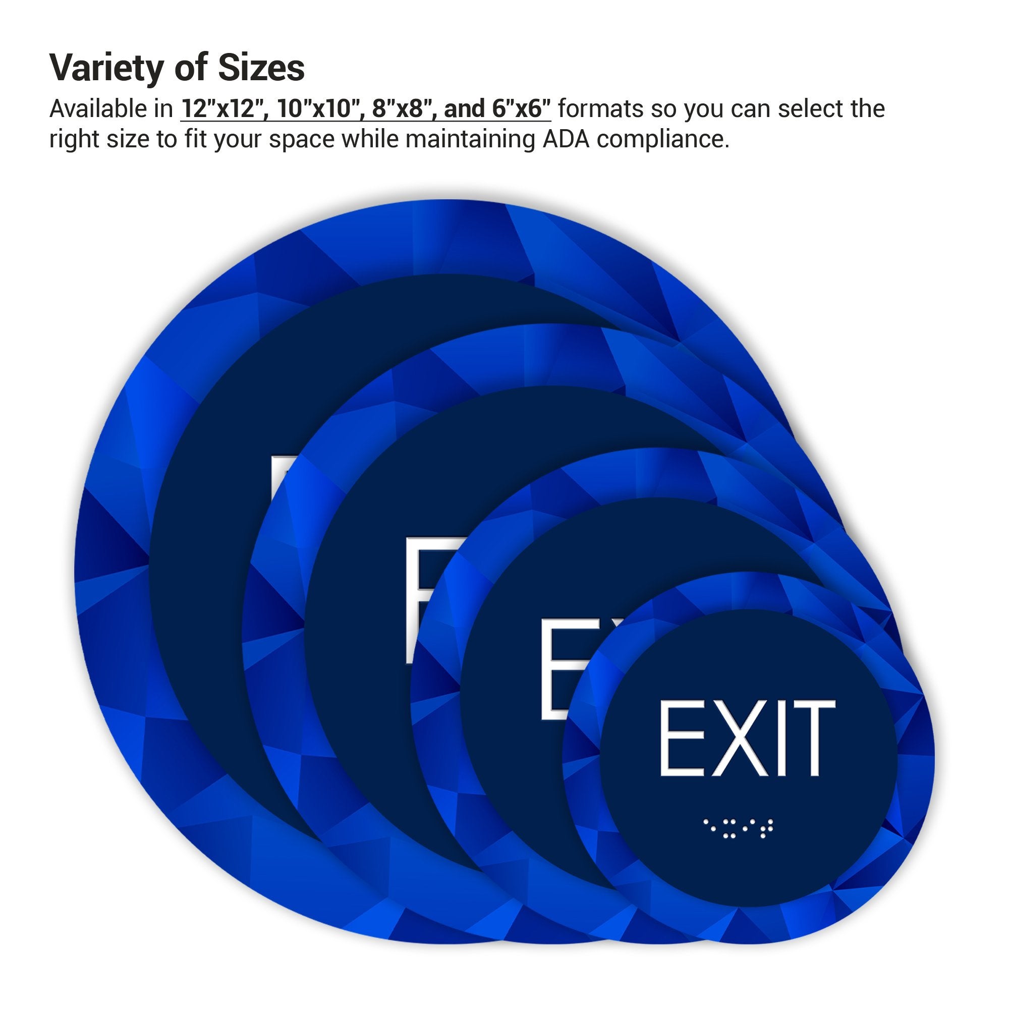 The four different round 2-layered ADA sign sizes next to each other The four different round 2-layered ADA sign sizes next to each other