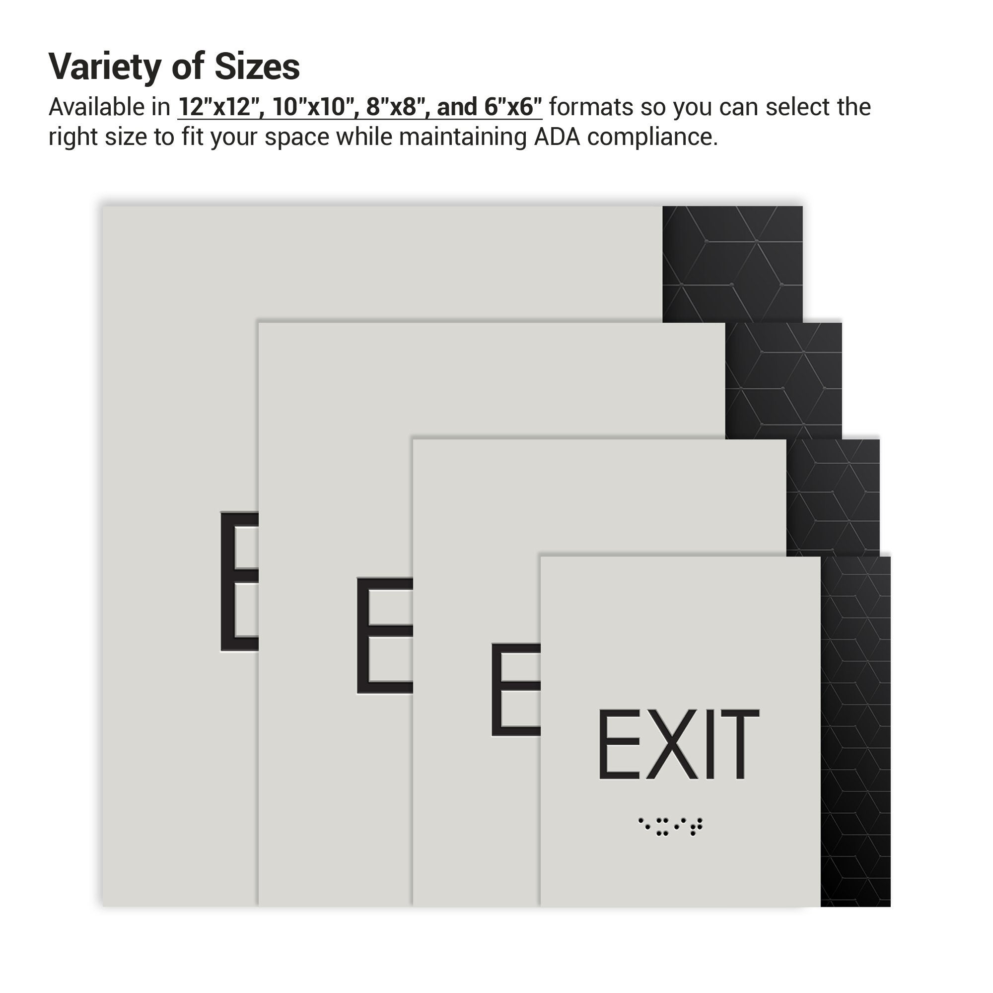 The four different square 2-layered ADA sign sizes next to each other The four different square 2-layered ADA sign sizes next to each other