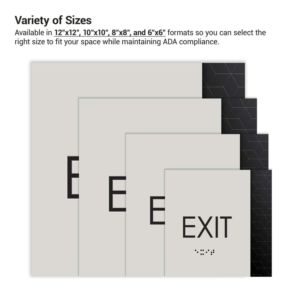 The four different square 2-layered ADA sign sizes next to each other