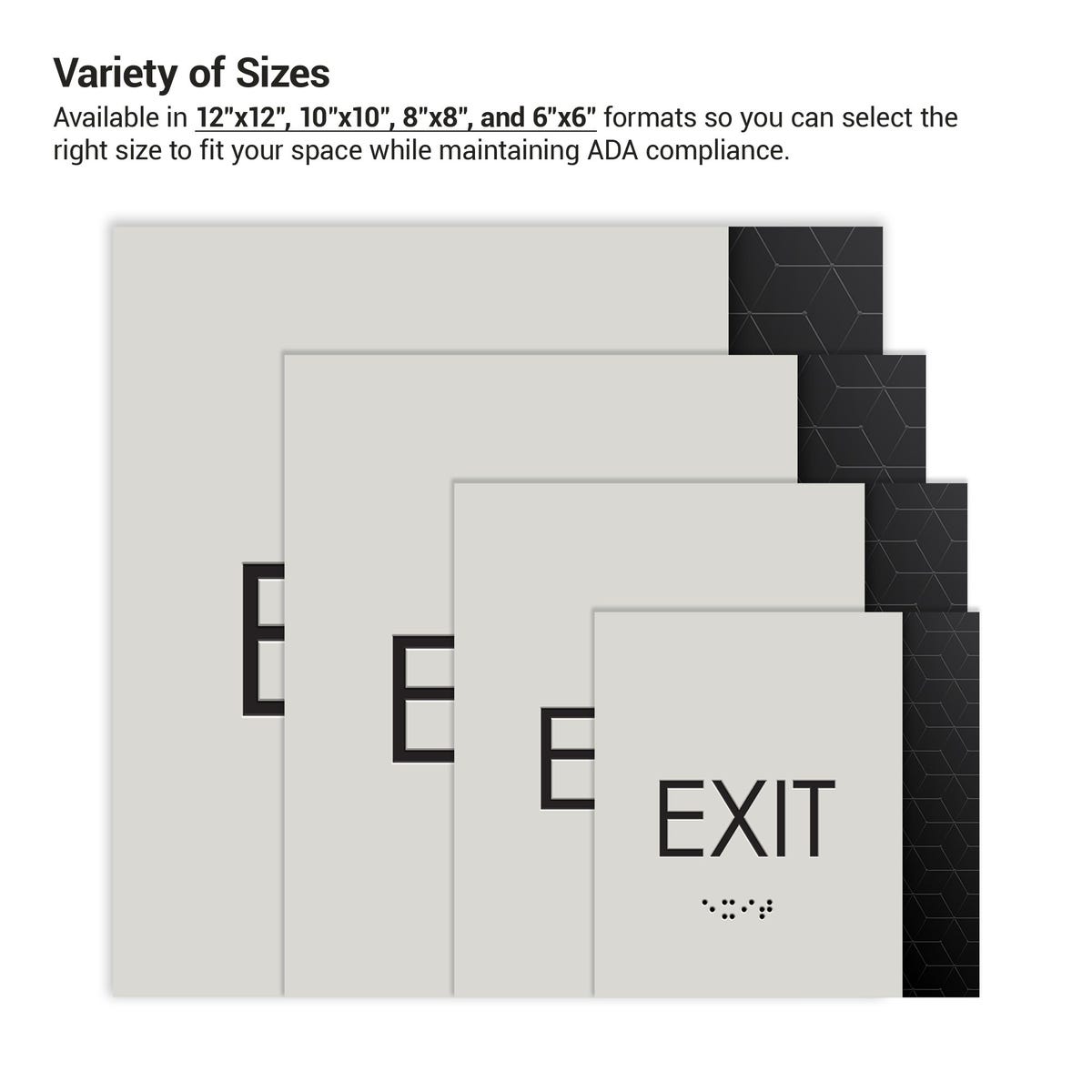 The four different square 2-layered ADA sign sizes next to each other