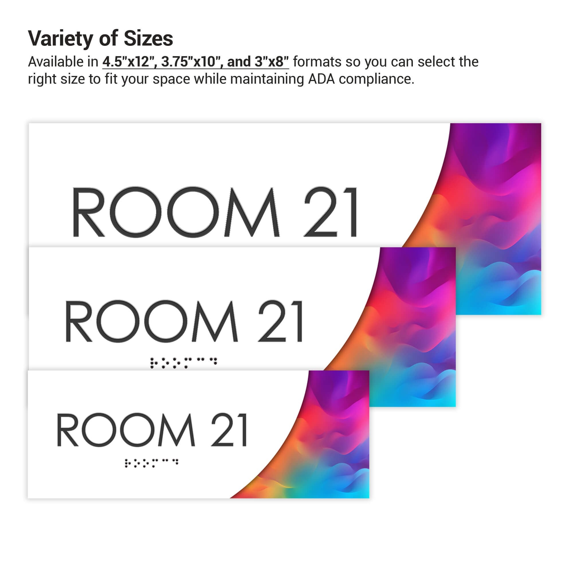 The three different 2-layered ADA sign sizes next to each other The three different 2-layered ADA sign sizes next to each other