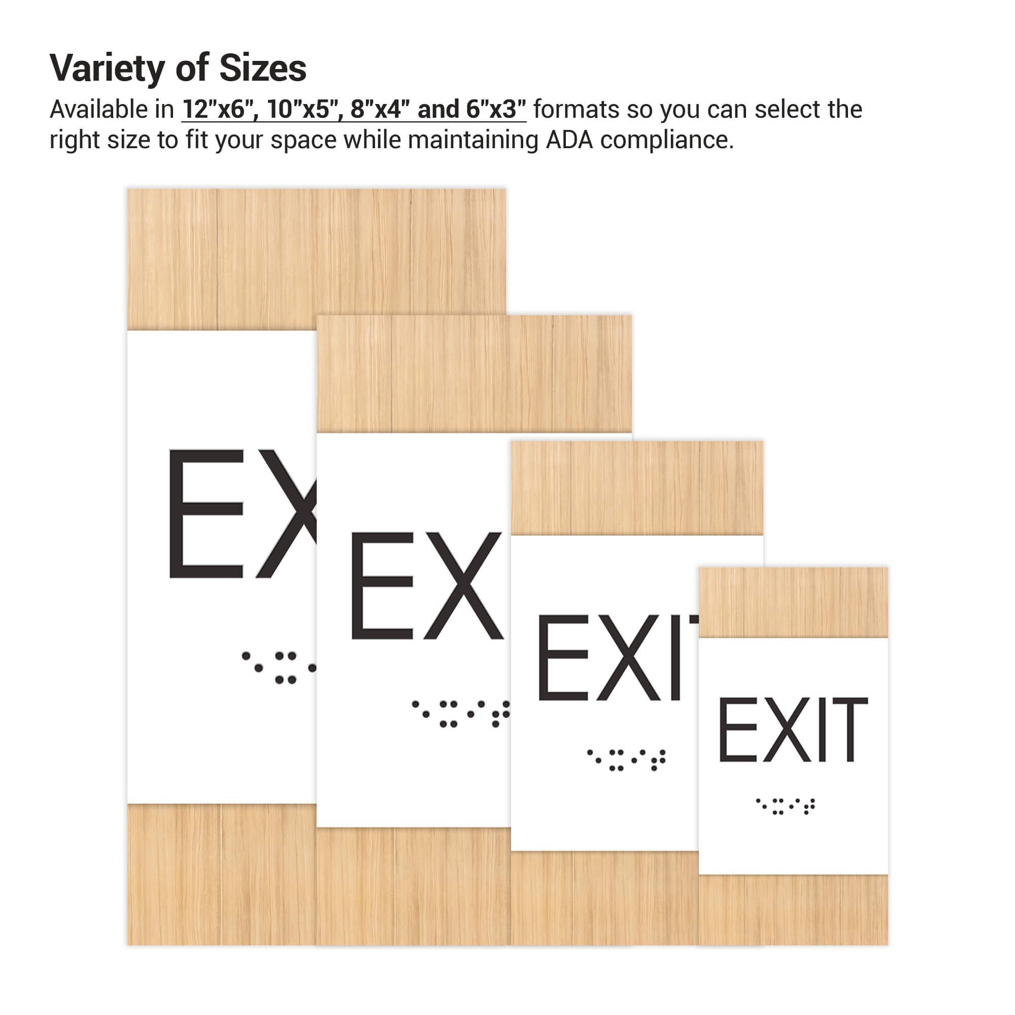 The four different vertical 2-layered ADA sign sizes next to each other