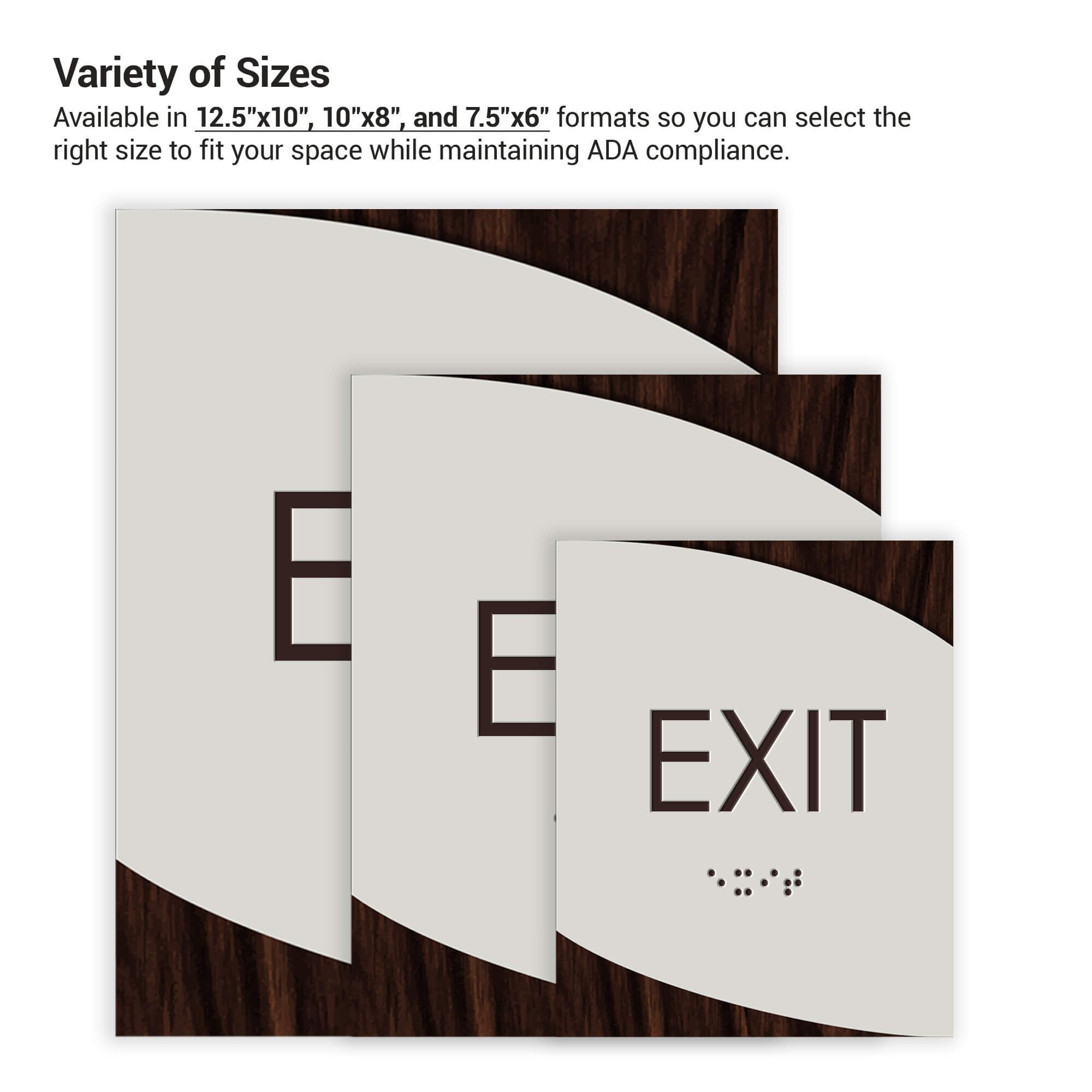 The three different size options for the modern twist 2-layer ADA signs next to each other