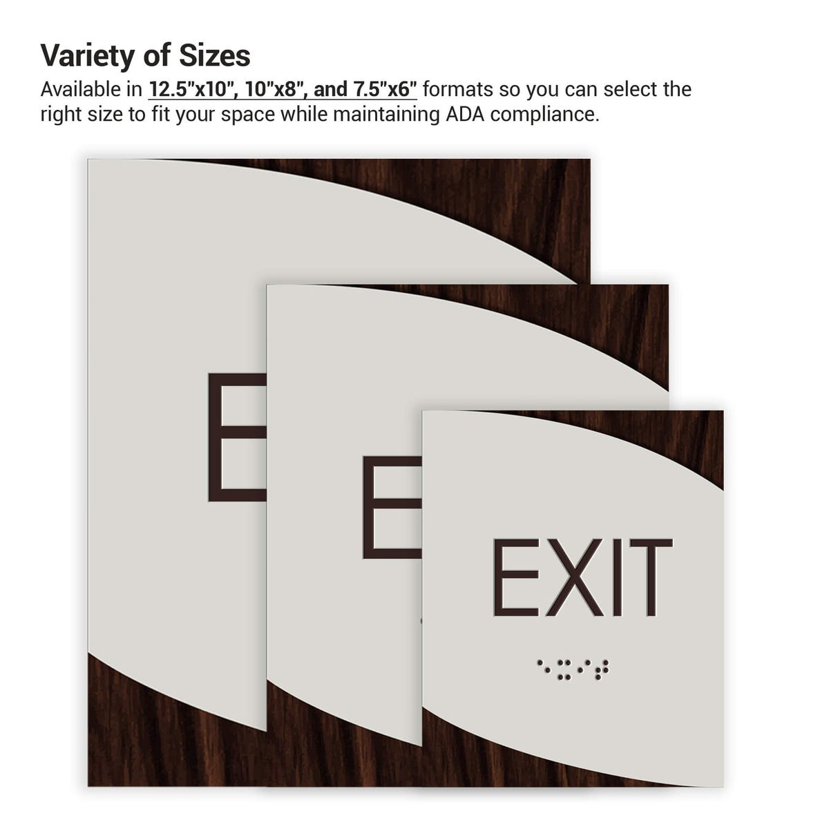 The three different size options for the modern twist 2-layer ADA signs next to each other