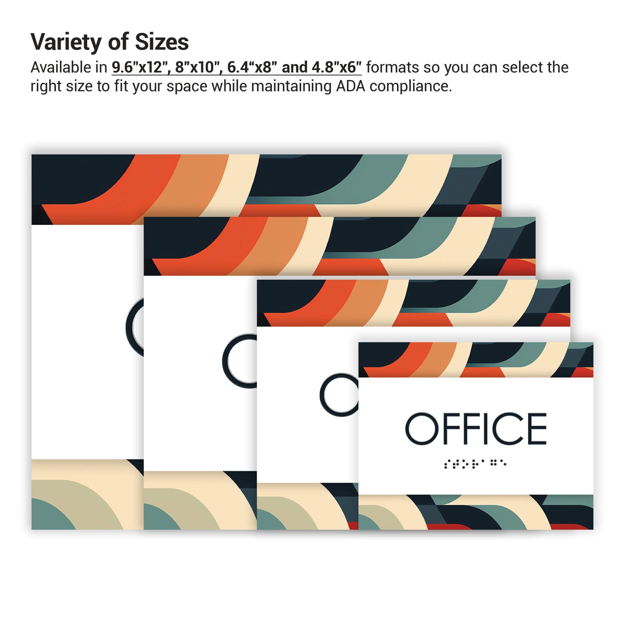 The four different round 2-layered ADA sign sizes next to each other The four different round 2-layered ADA sign sizes next to each other