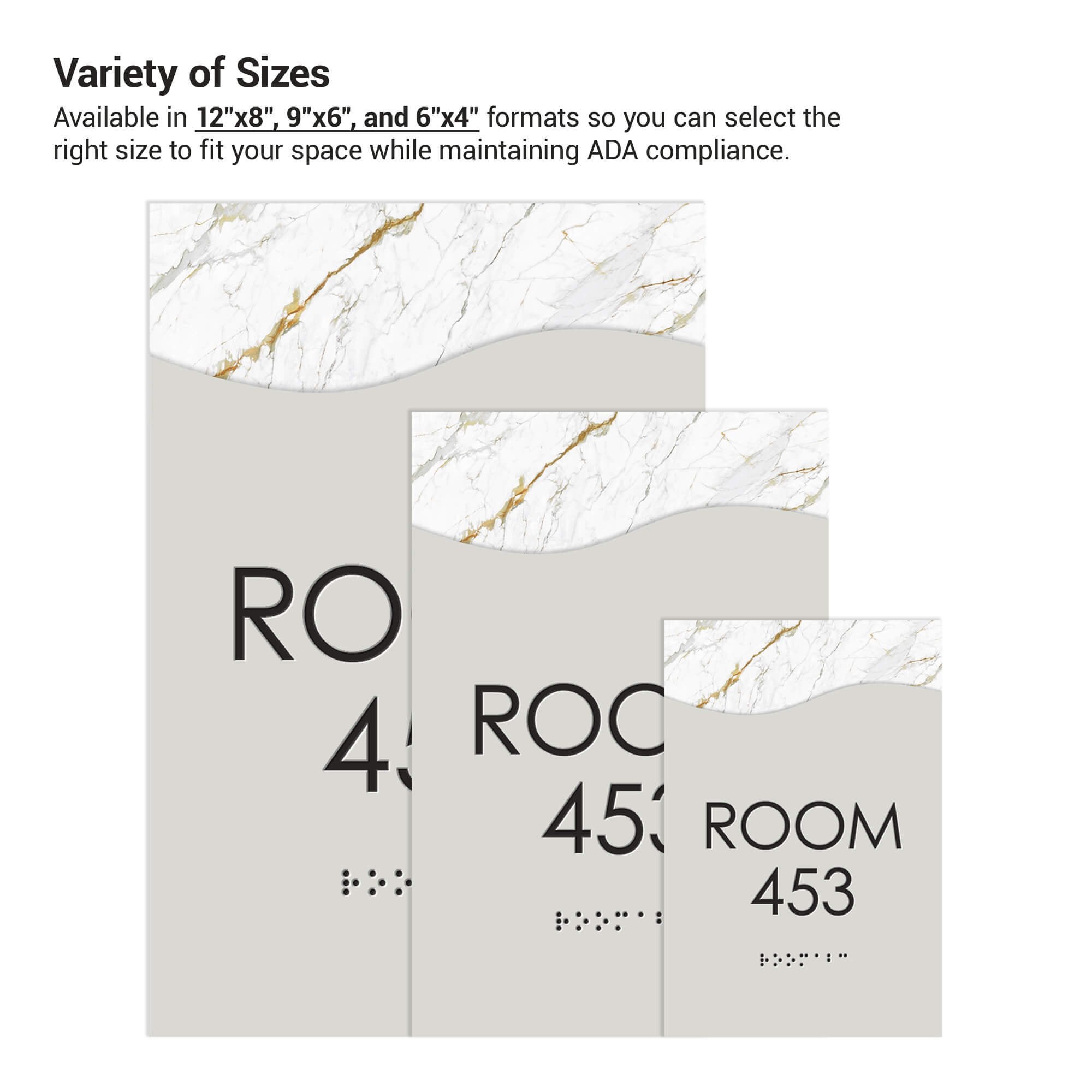 The three different size options for the modern flow 2-layer ADA signs next to each other The three different size options for the modern flow 2-layer ADA signs next to each other