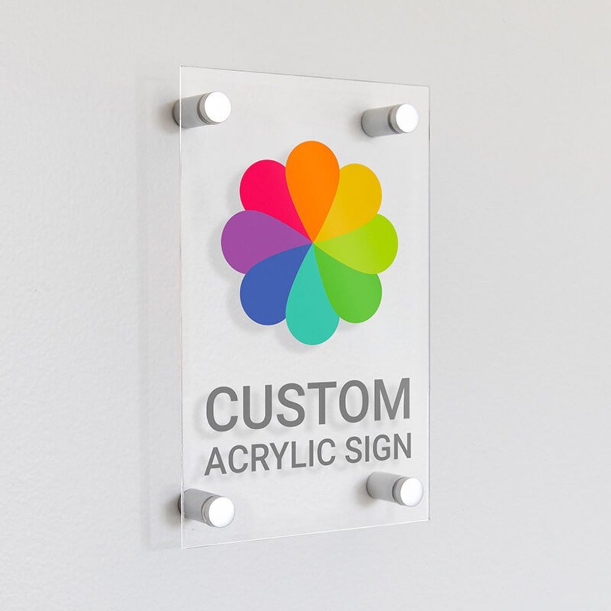 Large vertical custom acrylic sign with a colorful logo