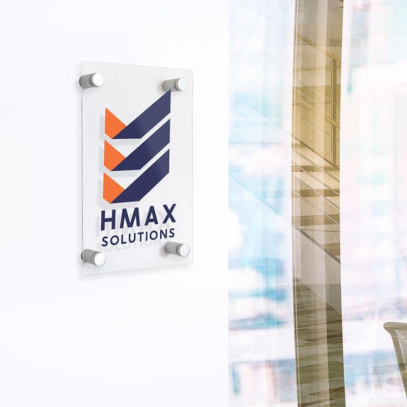Horizontal custom acrylic sign with a company name and logo