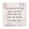 Funny no soliciting sign on pastel floral background reading: Please get lost and kick rocks kindly. Thank you.