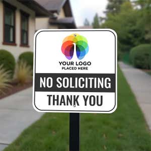 No soliciting sign, your logo placed here, text in black with a colorful icon on front yard stake