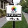 No soliciting sign, your logo placed here, text in black with a colorful icon on front yard stake