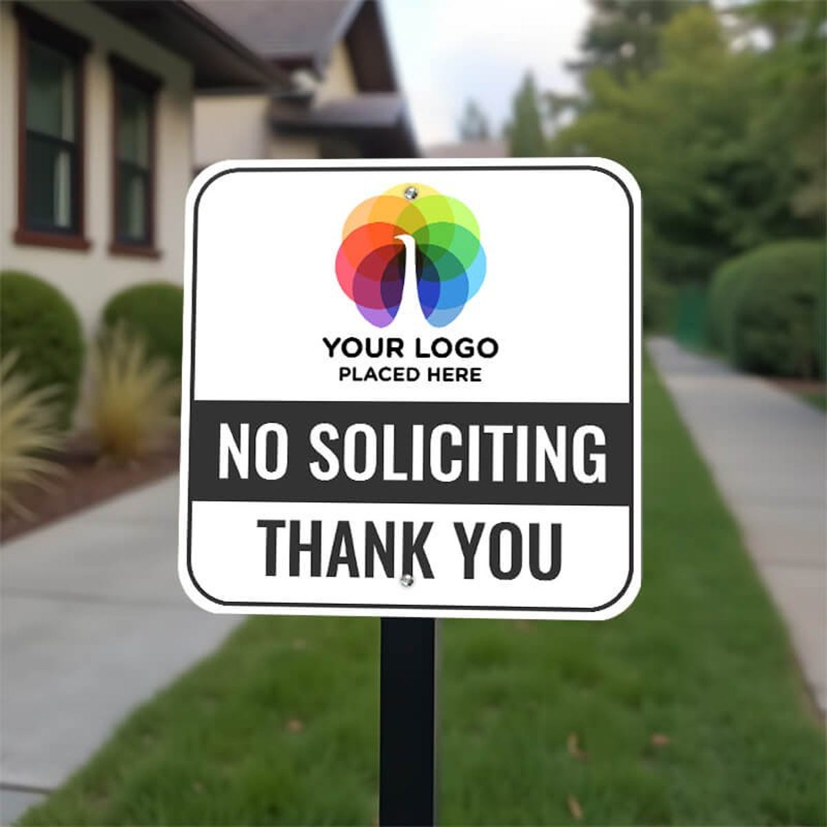 No soliciting sign, your logo placed here, text in black with a colorful icon on front yard stake