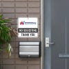 No soliciting sign with Wonderway agency & creative logo reading Thank you hung next to front door