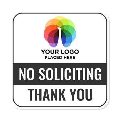 No soliciting sign, your logo placed here, text in black with a colorful icon on top that reads Thank you. 