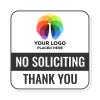 No soliciting sign, your logo placed here, text in black with a colorful icon on top that reads Thank you. 