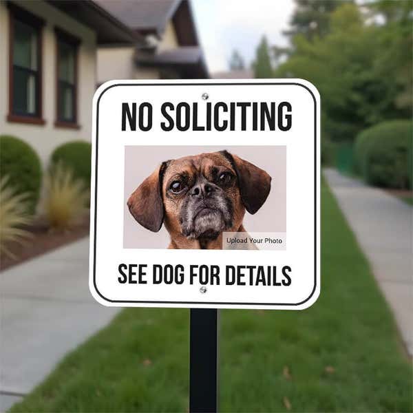No soliciting sign with a custom pet photo reading, "See dog for details on a yard stake. 