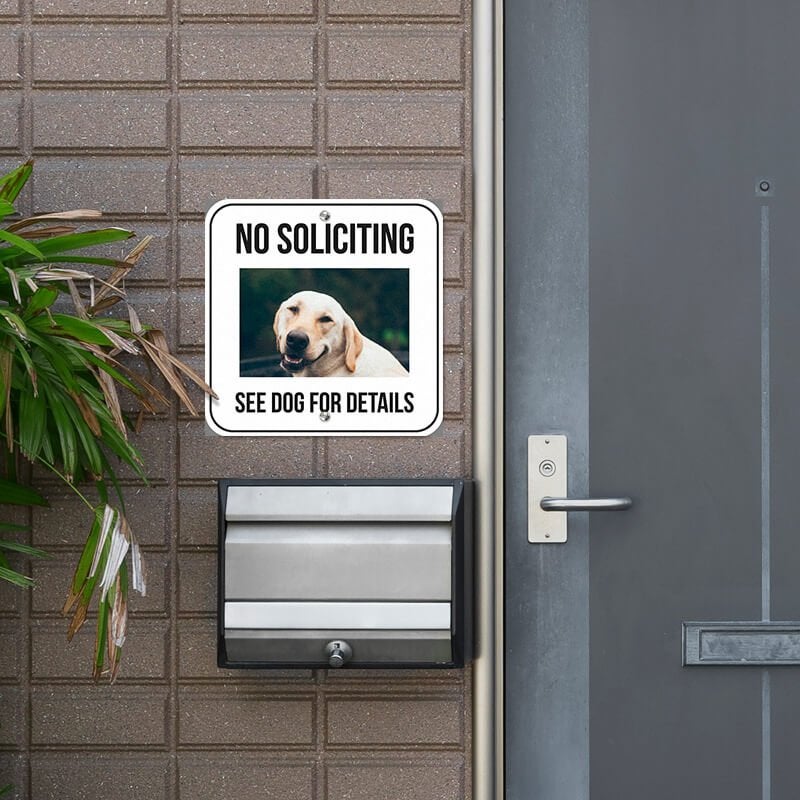 No soliciting sign with a custom pet photo of a white Lab retriever reading, "See dog for details," hung on a wall 