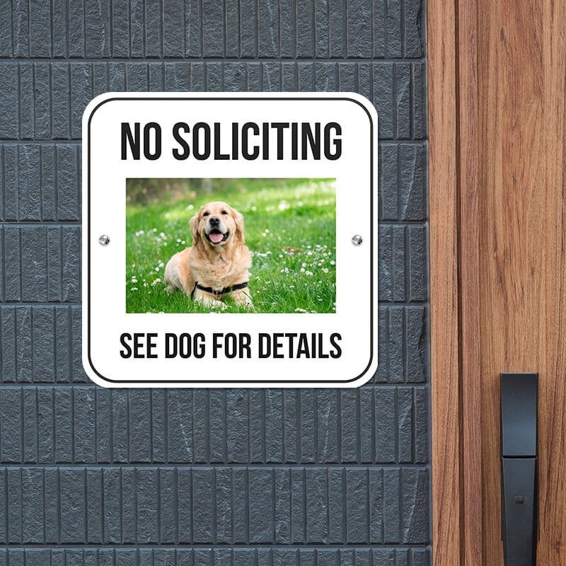 No soliciting sign with a golden retriever dog on grass custom pet photo reading, "See dog for details. 