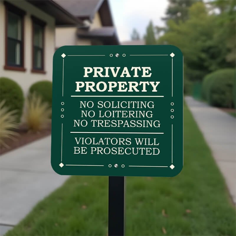 Green private property, no soliciting. loitering or trespassing sign reading Violators will be prosecuted on a yard stake